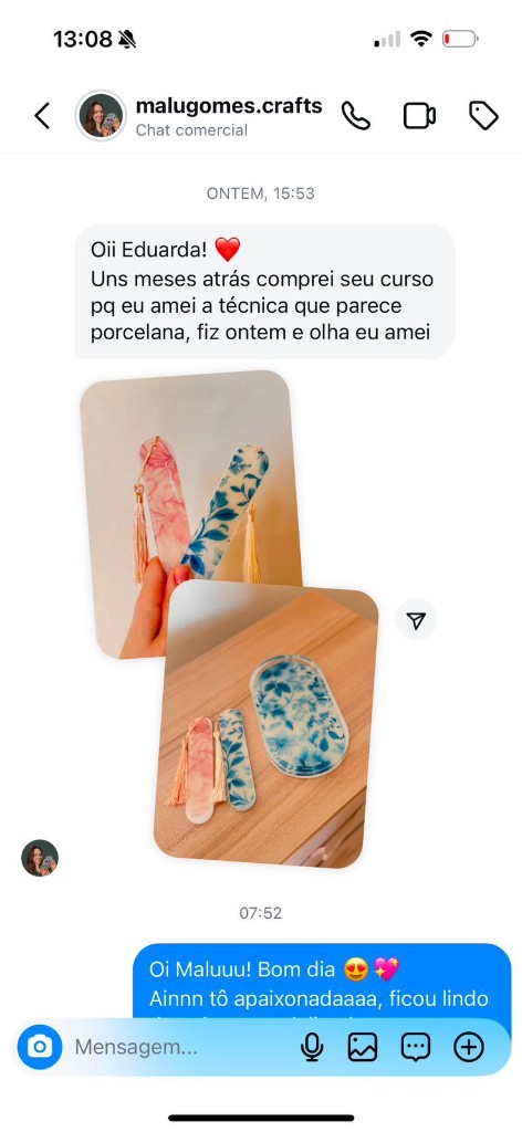 Aluna compartilhando resultado do curso de resina epóxi da Duli