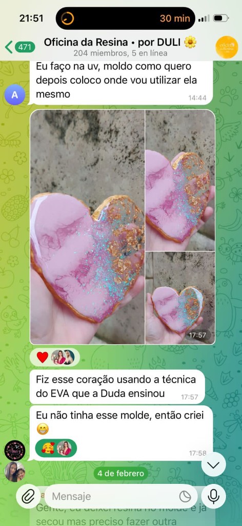 Mensagem de aluna que fez sua primeira peça de resina em poucos dias
