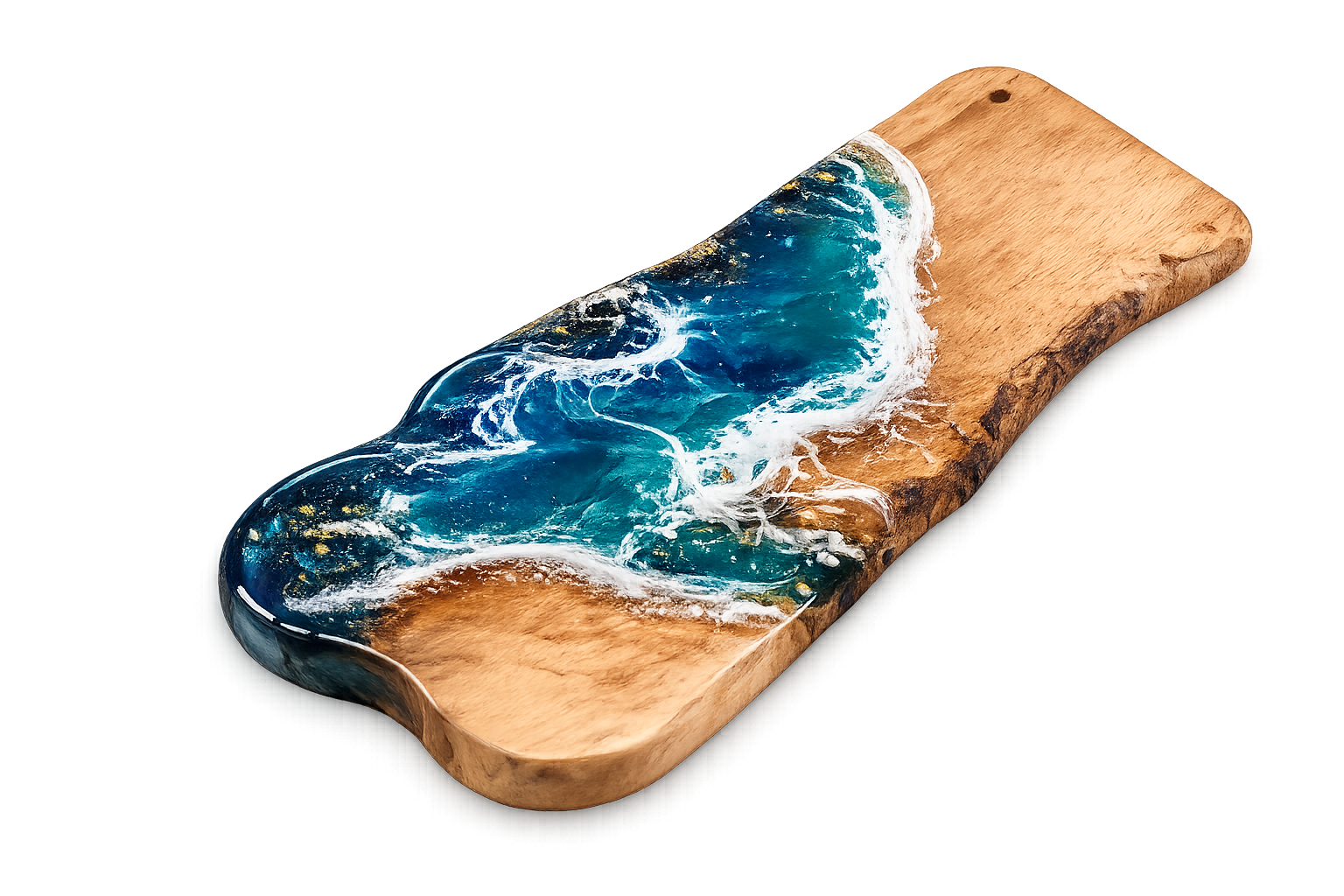 Tábua de madeira decorada com resina epóxi efeito oceano azul — peça ensinada no curso Artes Duli